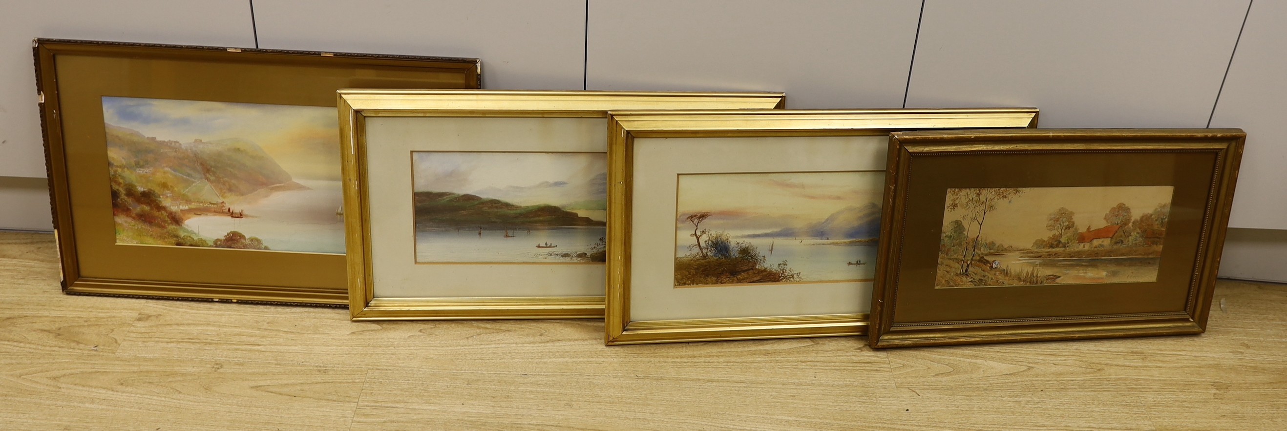 Attributed to Edwin Earp, pair of watercolours, Loch scenes, 18 x 46cm and two other watercolour landscapes by Garman Morris and Kirkpatrick